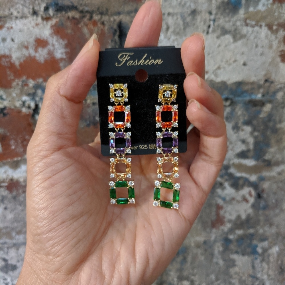 NWT Cubic Zirconia Rainbow Square Dangle Earrings